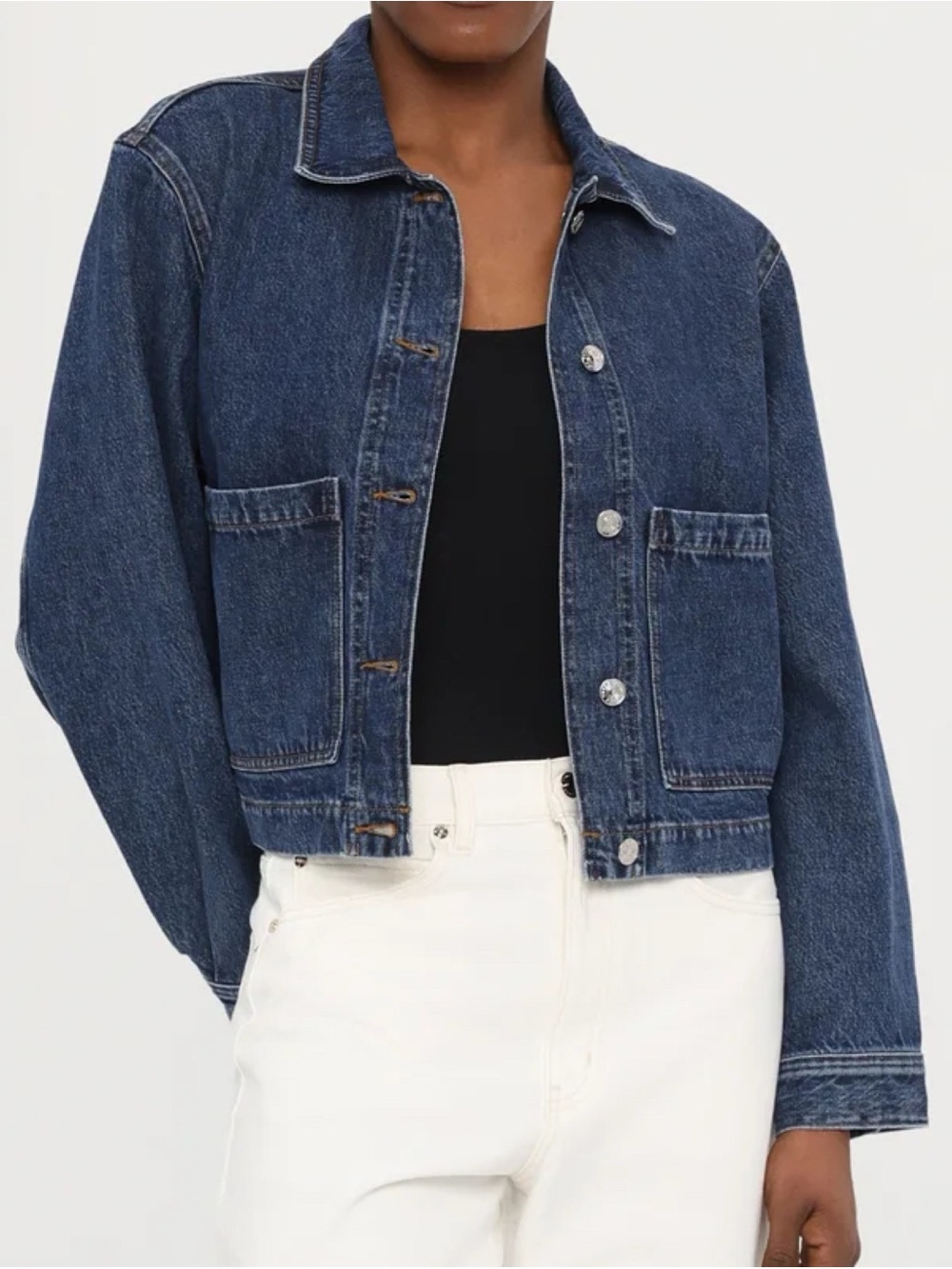FRAME Small Patch Pocket Blue Jean Denim Medium Wash Cropped Jacket